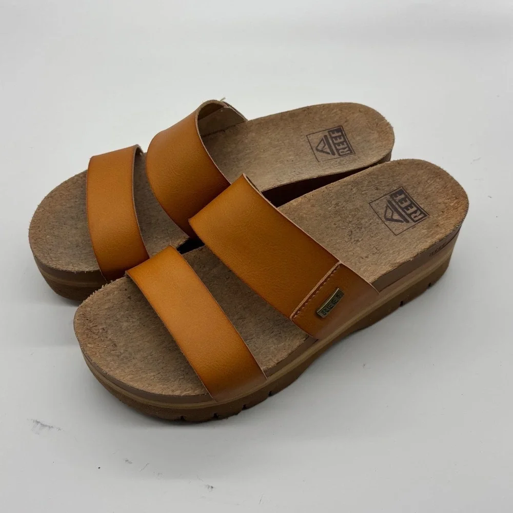 Reef Cushion Vista Hi 2.5 Tan Platform Slide Sandals Womens 7